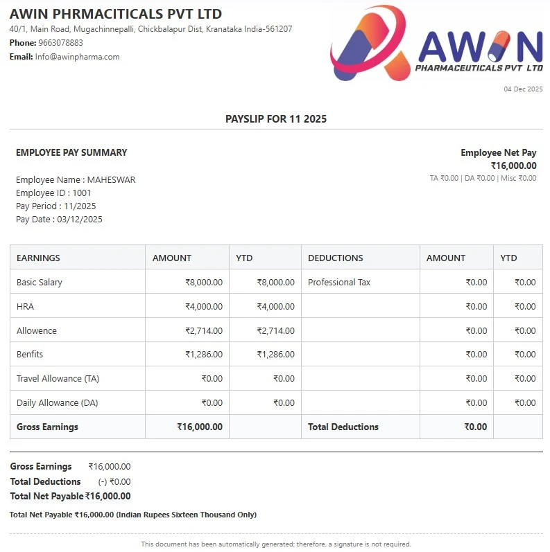 MRConnect MR Reporting App - Salary Slip Generation